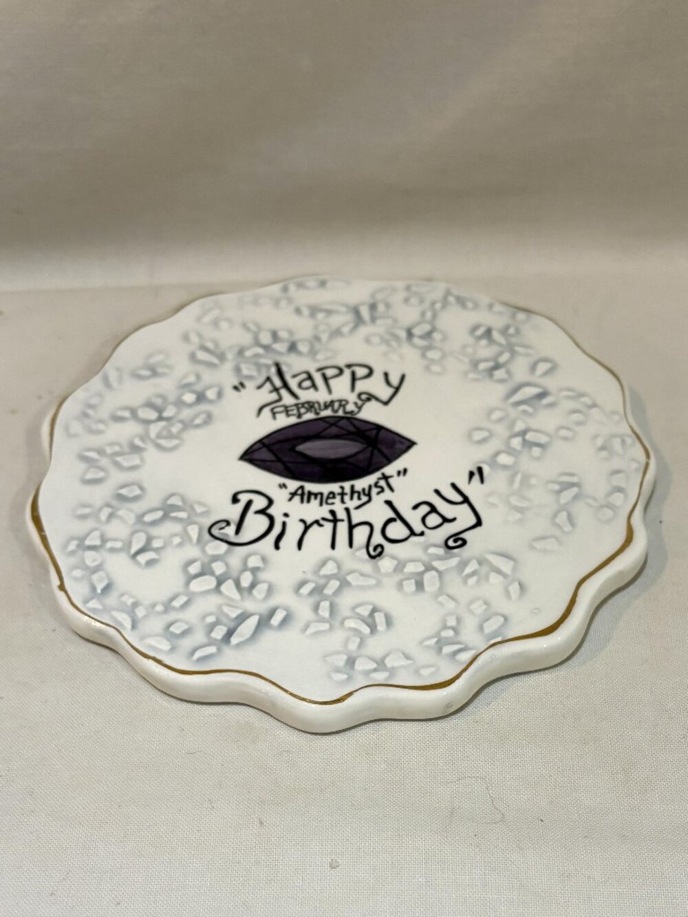 Blue Sky Clay Works February Amethyst Happy Birthday Tile Candle Holder VTG 2002